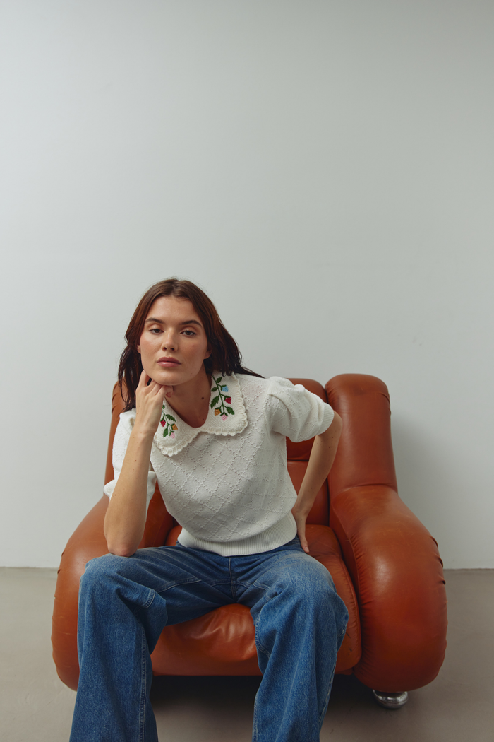 Noella 15010001 N-Madeleine Knit Ivory with embroidered collar, short sleeves and textured cotton knit at Dotique