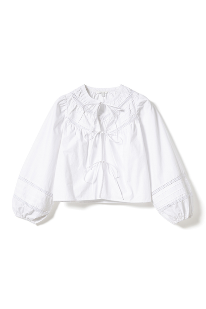 Noella 15050001 N-Marceline Blouse White cotton tie front blouse with balloon sleeves at Dotique