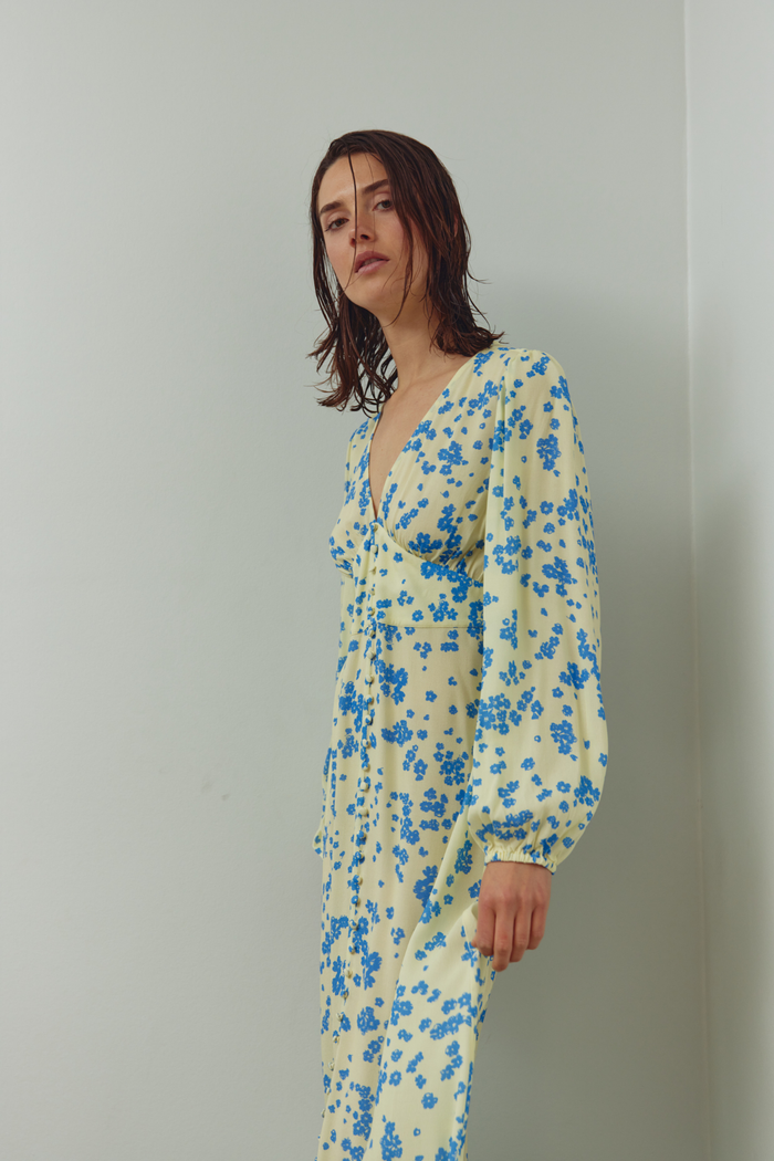 Dotique Noella 15130003 N-Lilith Maxi Dress in Deja Yellow print with deep V-neckline
