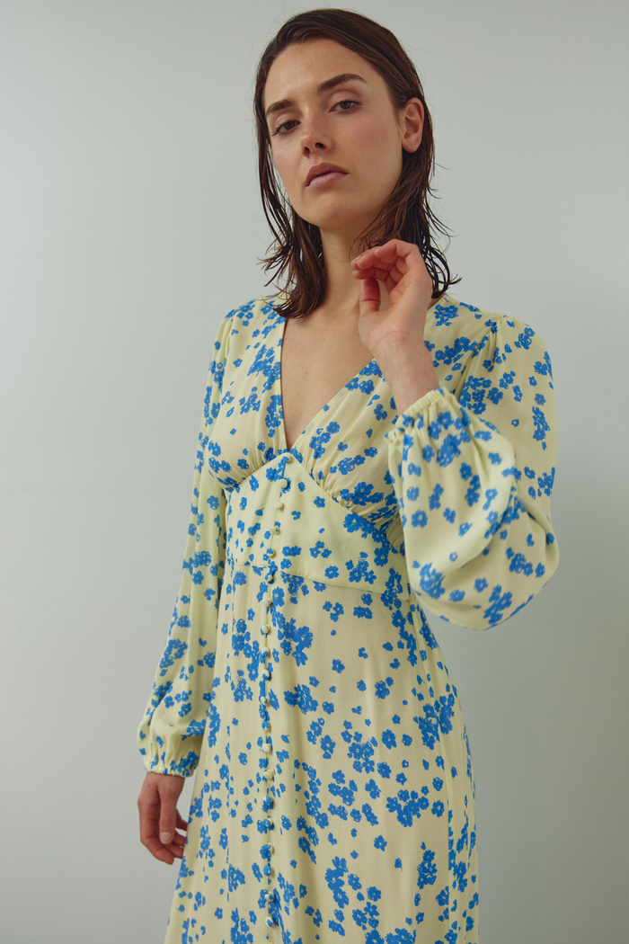 Dotique Noella 15130003 N-Lilith Maxi Dress in Deja Yellow print with deep V-neckline