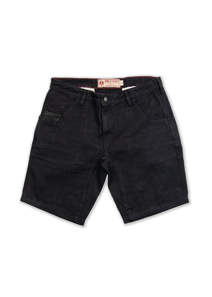Black denim shorts with front pockets and belt loops, featuring an Iron & Resin label on the waistband, laid flat on a white background.