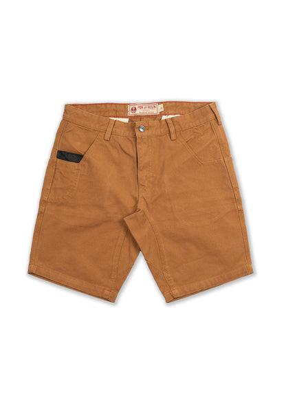 Brown Iron & Resin shorts with a black pocket accent, belt loops, and button closure, displayed on a white background.