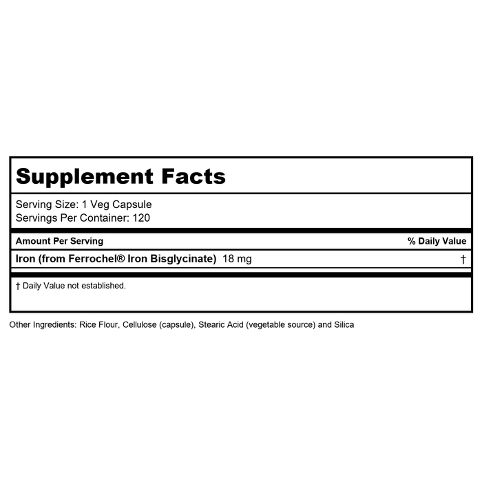 Now Foods Iron 18 mg 120 Vcaps - 1443 - 4 Pack - Supplement Facts panel