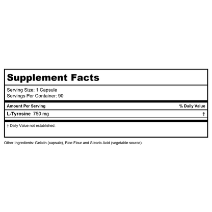 Now Foods L-Tyrosine 750 mg Extra Strength 90 Vcaps - 0165 - Supplement Facts panel