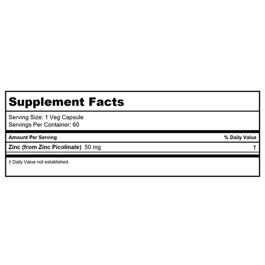 Now Foods Zinc Picolinate 50mg 60 Vcaps - 1550 - 3 Pack - Supplement Facts panel