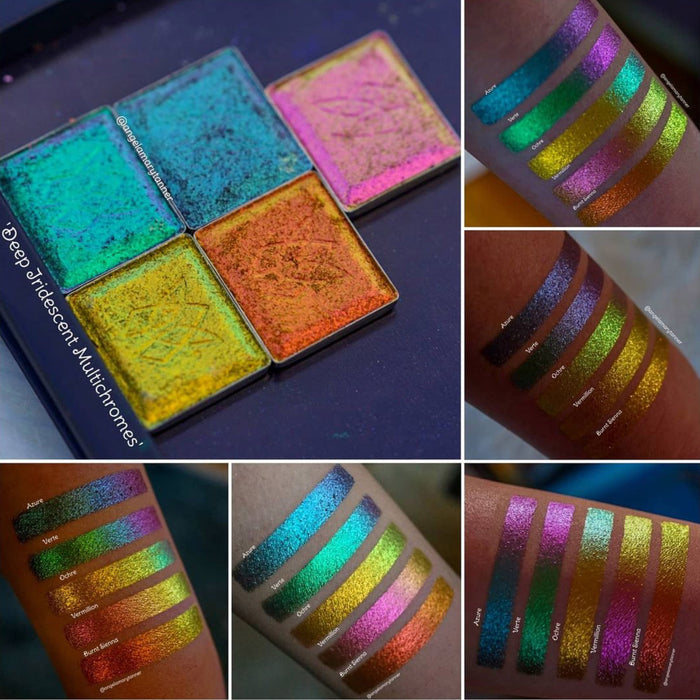 Collage of Deep Iridescent Multichrome Eyeshadow Bundle alongside arm swatches of Ochre Deep Iridescent Multichrome Eyeshadow shifts compared to Azure, Verte, Vermilion, Burnt Sienna