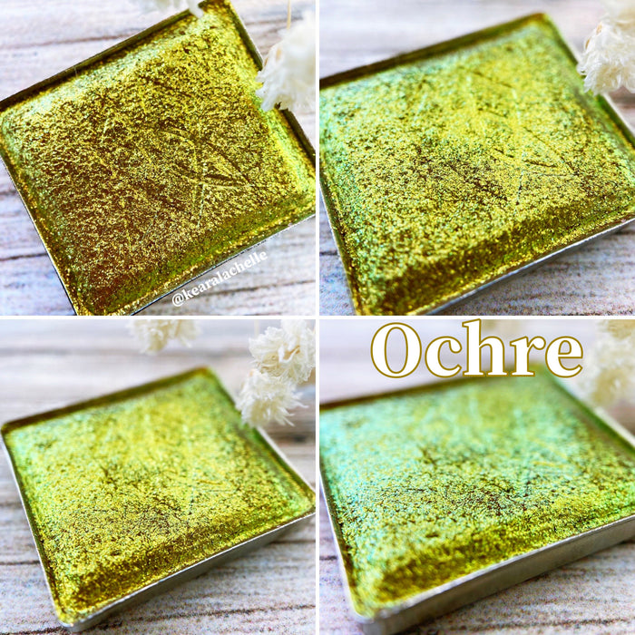 Ochre Deep Iridescent Multichrome Eyeshadow angle shifts warm gold-lime-turquoise