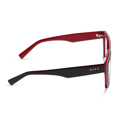 diff eyewear olive square prescription glasses in black, white, and red acetate frame side view