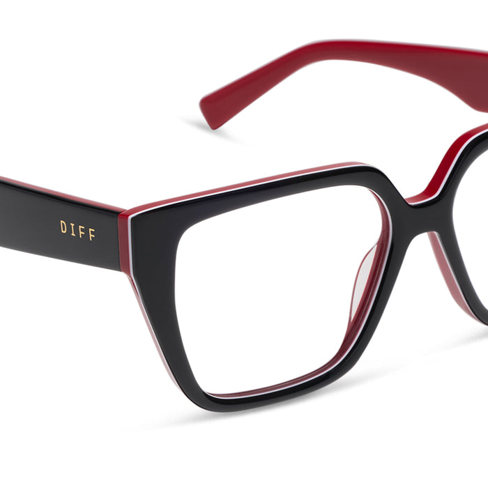 diff eyewear olive square prescription glasses in black, white, and red acetate frame detailed view