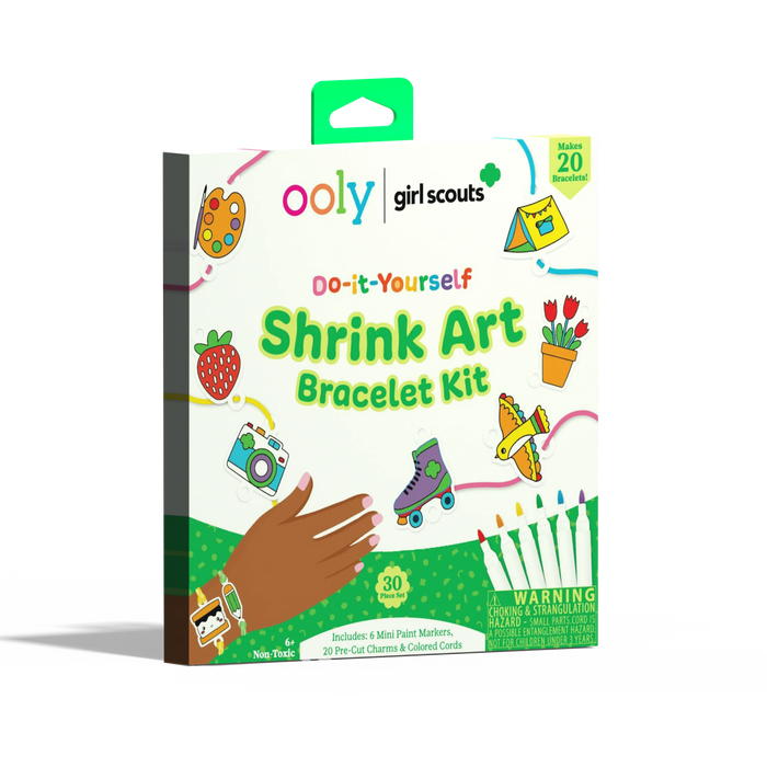Quarter angle of front of packaging of OOLY x Girl Scouts DIY Shrink Art Bracelet Kit