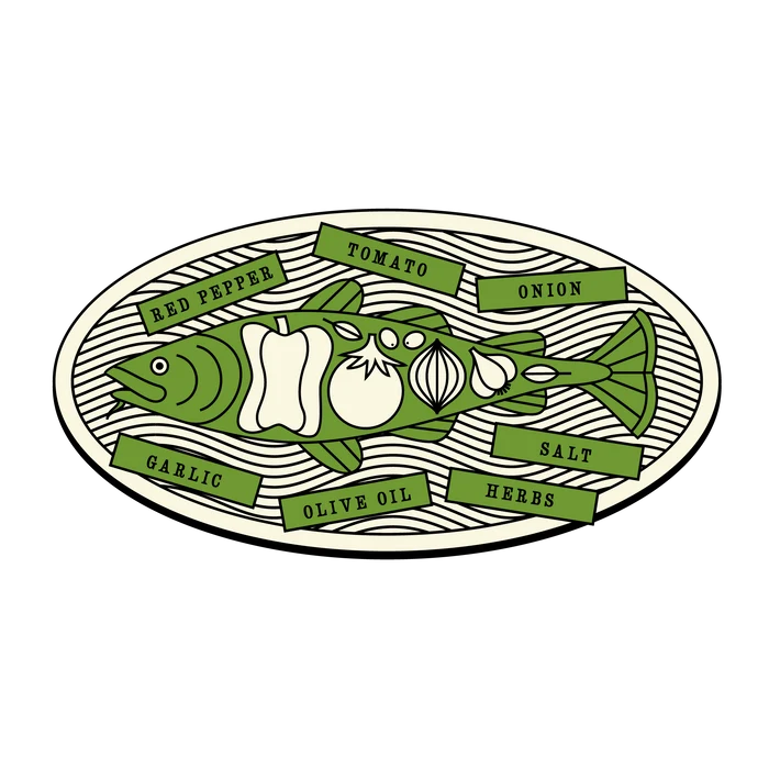 Illustration of a fish with labeled ingredients on a white background