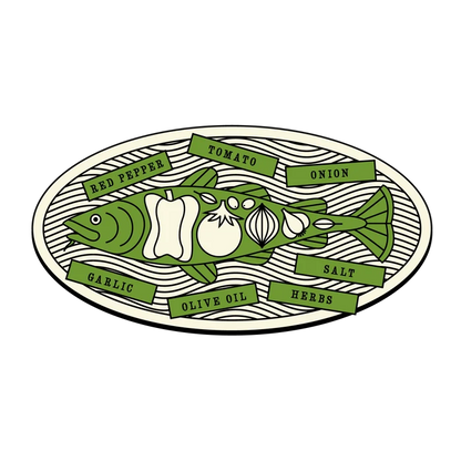 Illustration of a fish with labeled ingredients on a white background