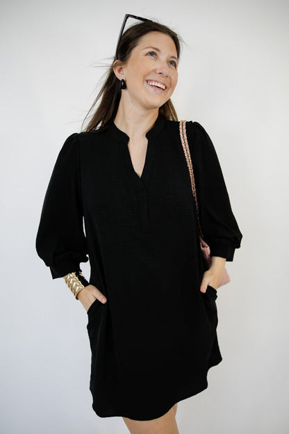 Peasant Sleeve Split-Neck Mini Dress