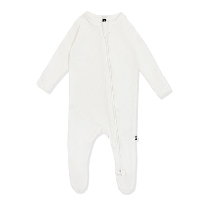 Pointelle Zippered Footie in Cloud on a white surface