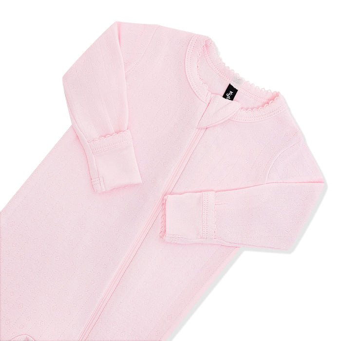 Close up of the picot trim, zipper garage and fold over hand cuffs shown on the Pointelle Zippered Footie in Sakura