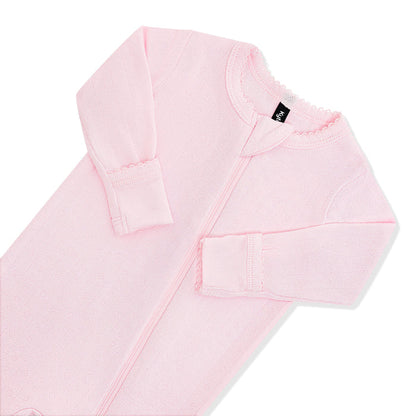 Close up of the picot trim, zipper garage and fold over hand cuffs shown on the Pointelle Zippered Footie in Sakura