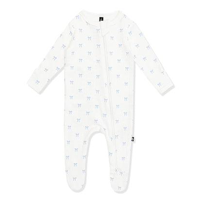 Pointelle Zippered Footie in Sweet Blue Bow shown on a white surface