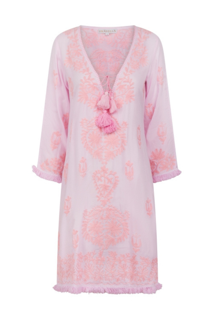 Pranella Aggie Pink Pink embroidered mini dress with tassels and fringe hem – Dotique