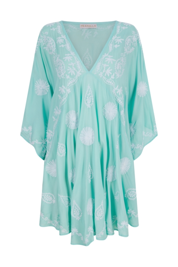 Pranella Ola Aqua White mini kaftan with plunging V neckline and Aari embroidery – Dotique