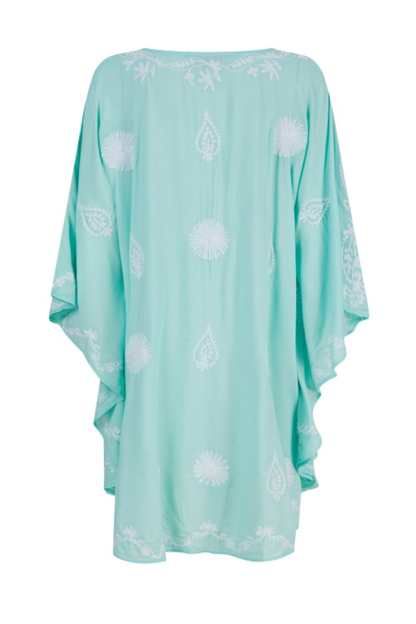Pranella Ola Aqua White mini kaftan with plunging V neckline and Aari embroidery – Dotique