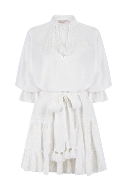 Pranella Sia white mini dress with tassel belt and peasant sleeves – Dotique
