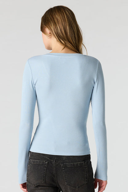 Ribbed V-Neck Long Sleeve Top