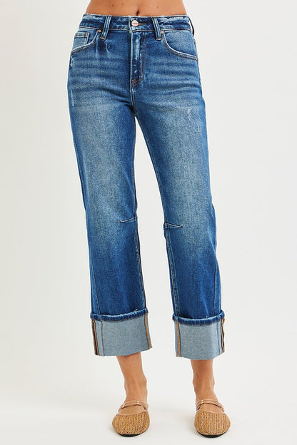 Risen High Rise Cuffed Straight Jeans