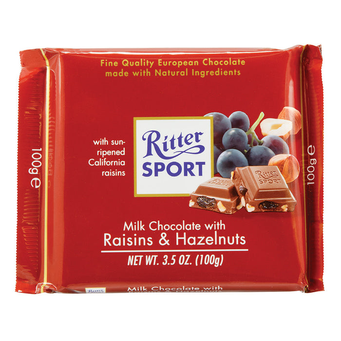 Ritter Sport Milk Chocolate with Raisins and Hazelnuts Candy Bar - 12 Count