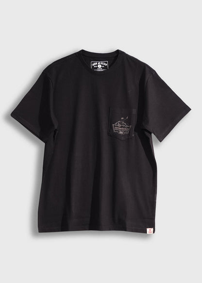 Black Iron & Resin T-shirt with a chest pocket featuring a small graphic. Simple design on a plain background.