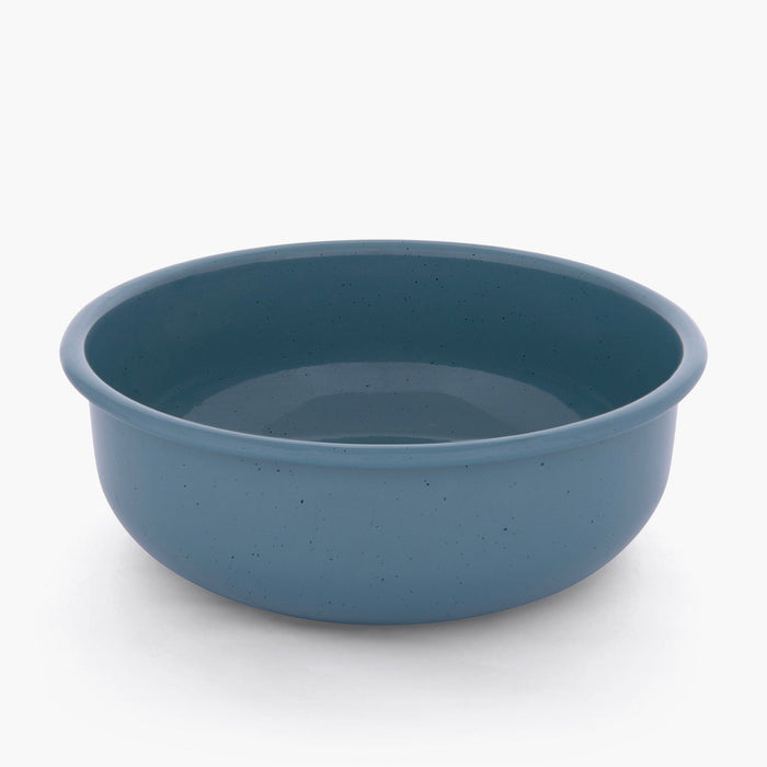 A smoky blue rolled enamel bowl on a white background
