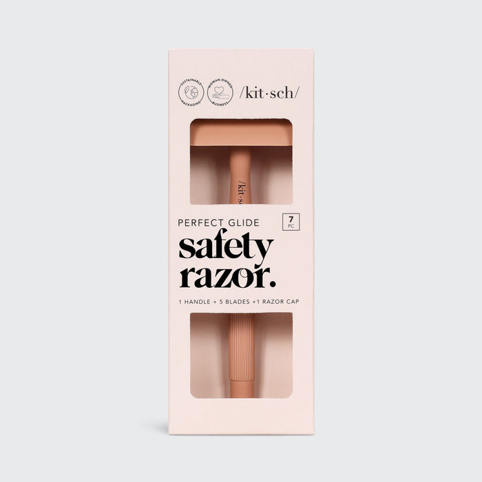 KITSCH Perfect Glide Safety Razor Silver — product and packaging shot on clean background — single stainless steel blade — reduces plastic waste vs cartridge razors
