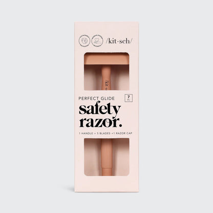 KITSCH Perfect Glide Safety Razor Silver — product and packaging shot on clean background — single stainless steel blade — reduces plastic waste vs cartridge razors