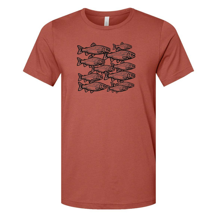 Clay-colored t-shirt with a graphic of a school of fish, designed and heat-pressed by AdventureUs in Washburn WI