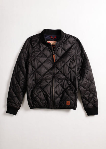 Black quilted jacket with a zipper front and ribbed cuffs, displayed on a white background. Simple, stylish outerwear choice.