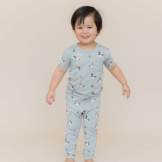 Young boy wearing the Short Sleeve with Pants Pajamas in Mallard Duck