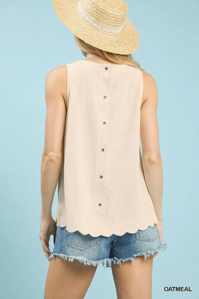 Sleeveless Round Neck Back Button Detail Top