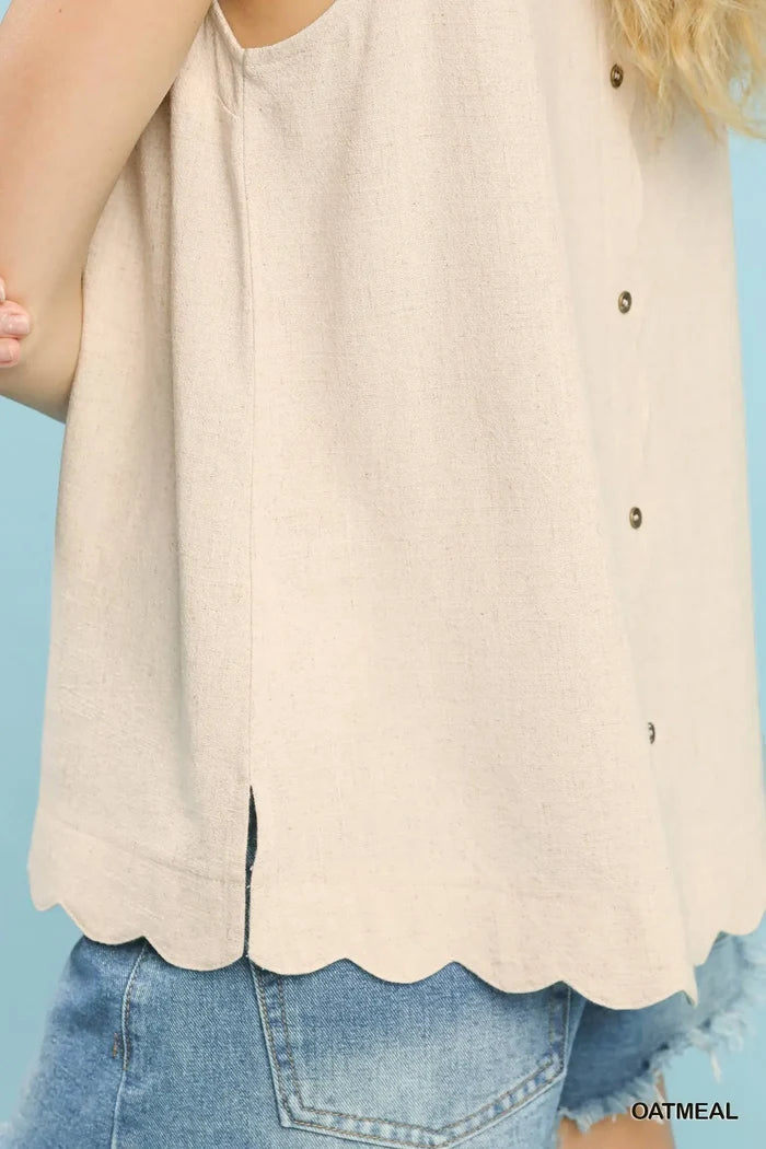 Sleeveless Round Neck Back Button Detail Top
