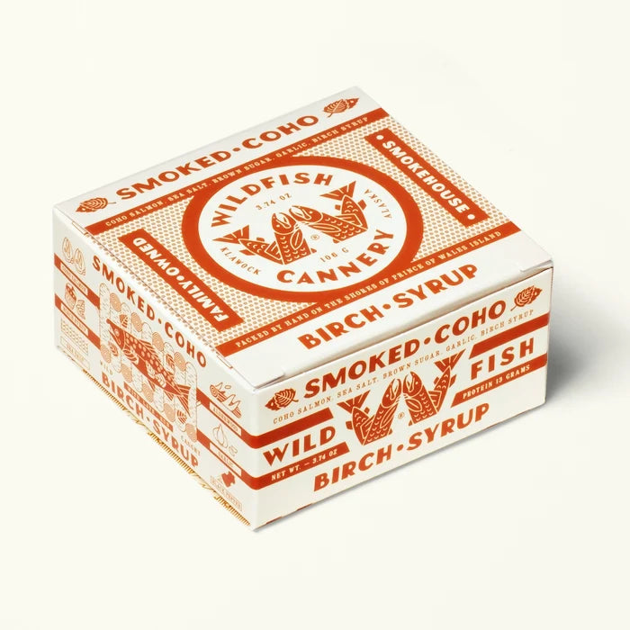 Box from Wildfish Cannery with red and white design on a white background