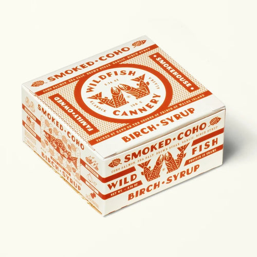 Box from Wildfish Cannery with red and white design on a white background