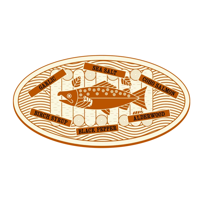 Salmon label with various seasoning names on a white background