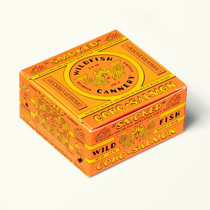 Orange packaging box with 'Wildfish Cannery' branding on a white background