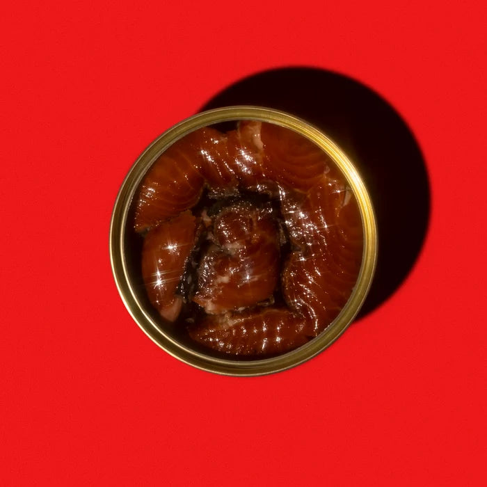 Top-down view of a can of food on a red background