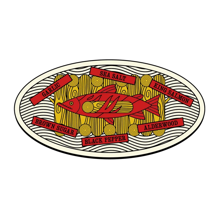 Decorative label with a fish design and text on a white background