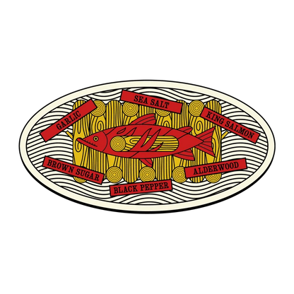 Decorative label with a fish design and text on a white background