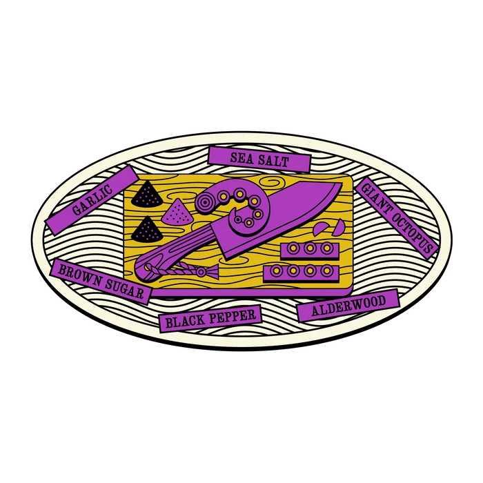 Oval-shaped label with purple text and graphics on a white background