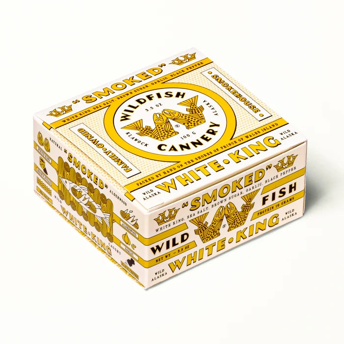 Vintage-style packaging box with 'Wildfish Cannery' branding on a white background