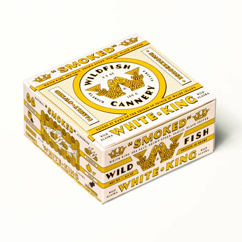 Vintage-style packaging box with 'Wildfish Cannery' branding on a white background