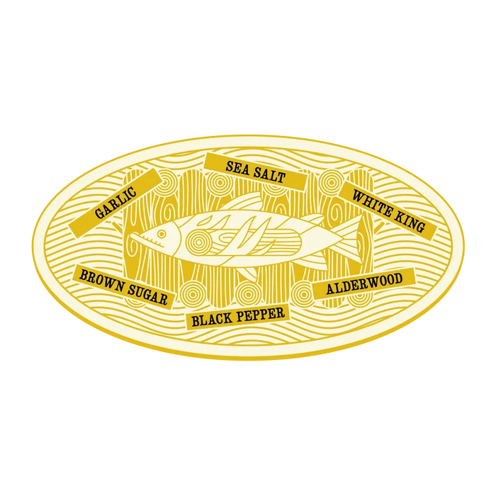Decorative label with a fish illustration and text on a white background