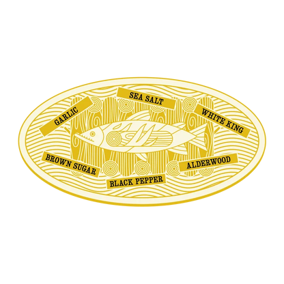 Decorative label with a fish illustration and text on a white background