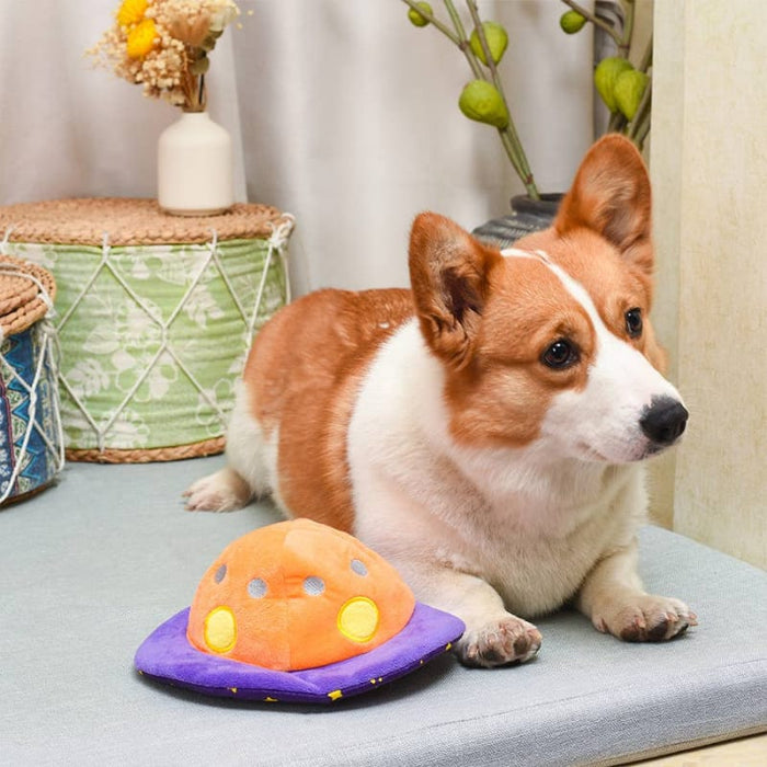 Hugsmart Products Inc dog toys Space Paws Purple Orange Flip the UFO Plush Dog Toy